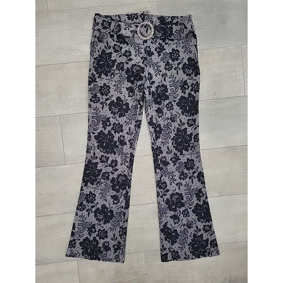 Vintage XOXO Y2K Black Lace Print Flared Leg Pants with Rhinestone Belt Size 7 - Picture 1 of 7